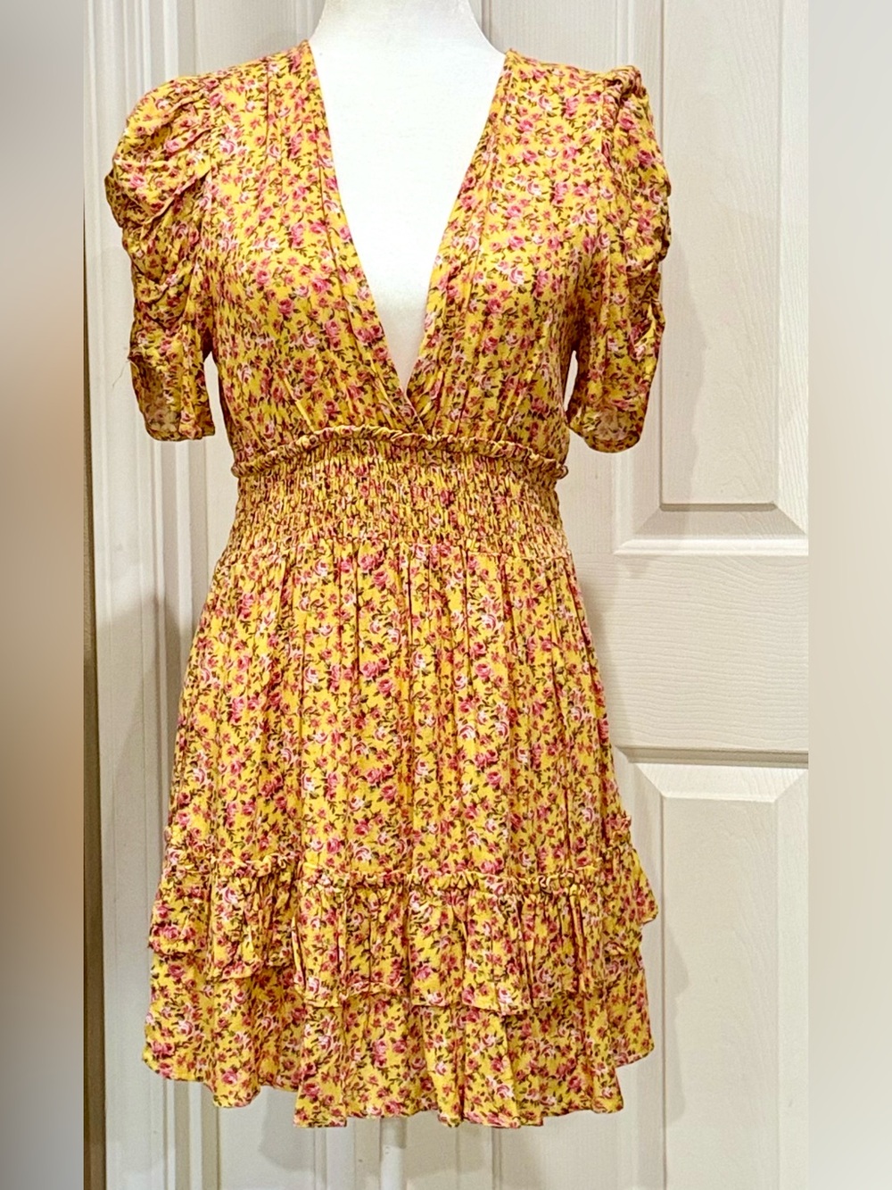 Yellow Floral Waist Mini Dress